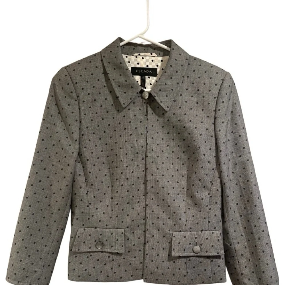 Escada Pure New Wool Gray Black Polka Dot OneButton Blazer Jacket Silk Lining 38